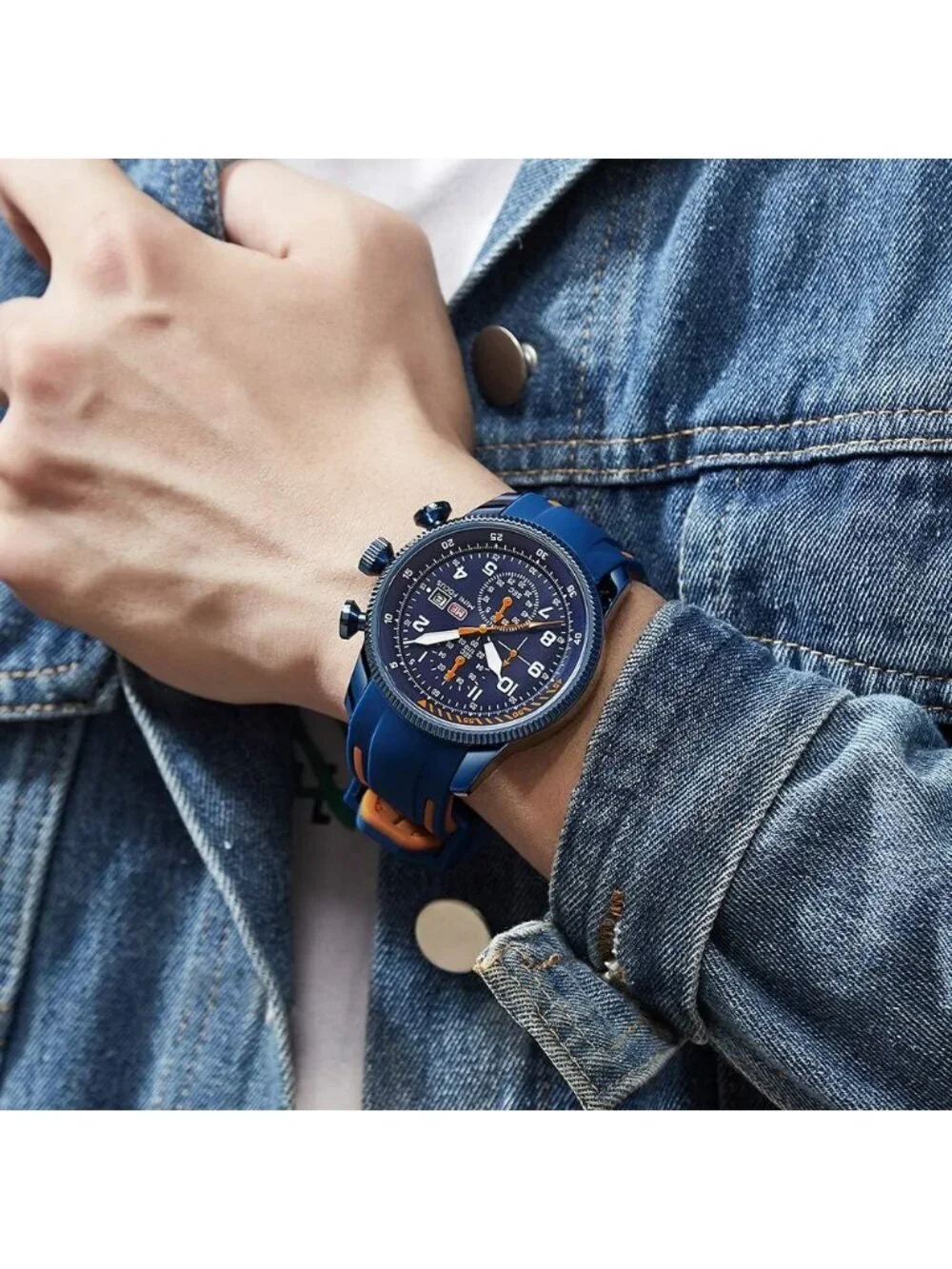 Men's Blue And Orange Analog Quartz Waterproof Chronograph Stylish Casual Watch